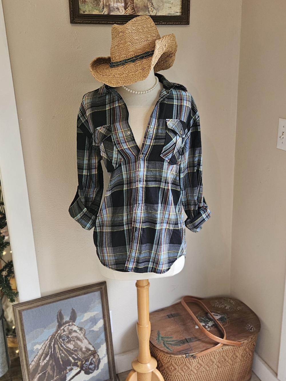 Plaid Button-Down Shirt in Black and Blue